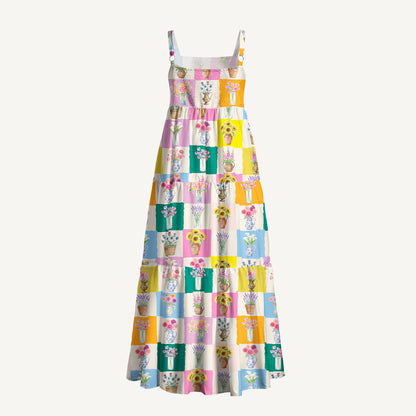 Color Block Flower Gallery Print Quilt Wide Straps Maxi Dress With Pockets