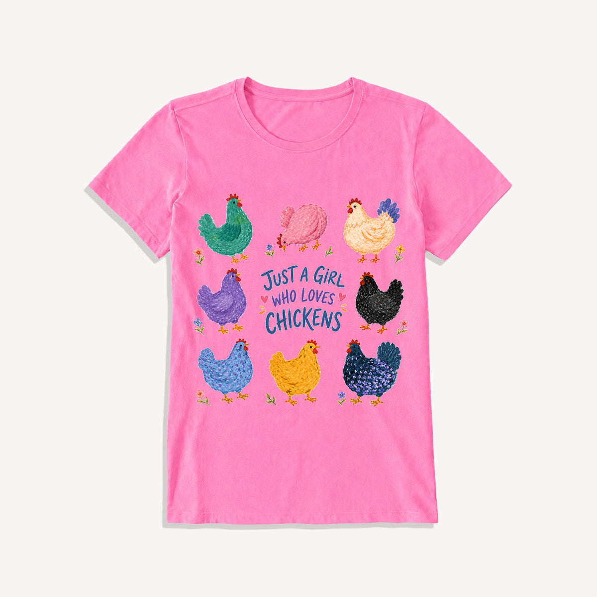 Colorful Chicken Garden Print Crew Neck Cotton Tee