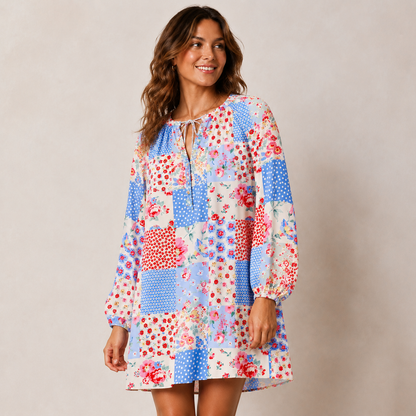 Pastel Patc Print Boho Tie‑Neck Smock Mini Dress