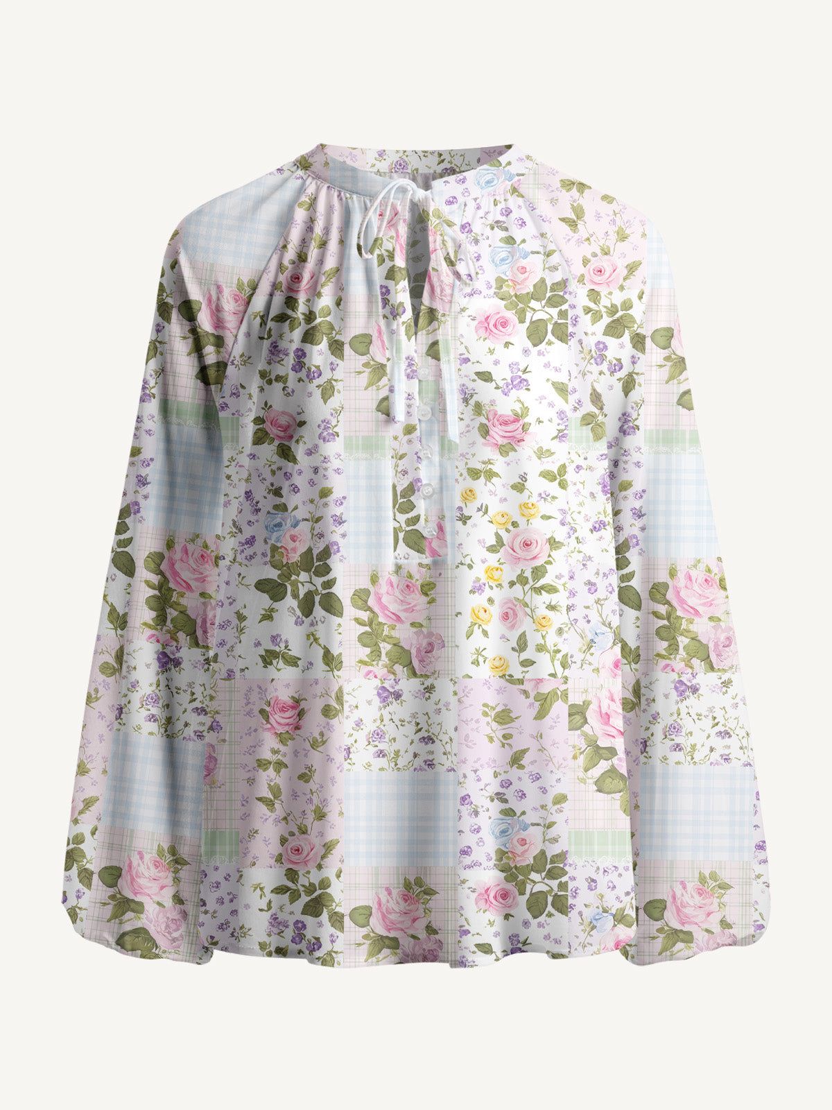Pastel Rose Patchwok Print Boho Long Sleeve Tie‑Neck Blouse