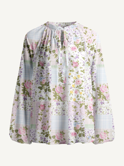 Pastel Rose Patchwok Print Boho Long Sleeve Tie‑Neck Blouse