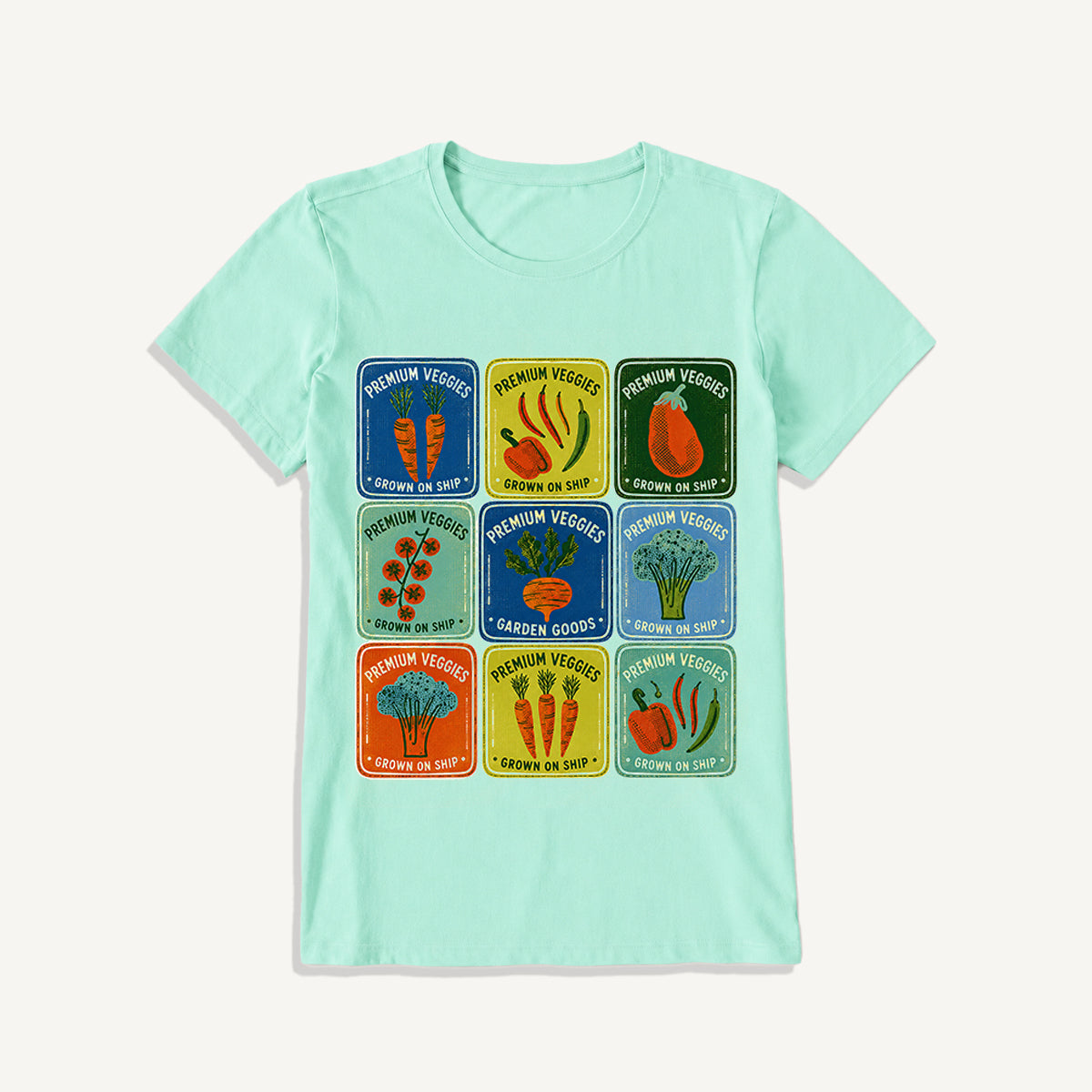 Vintage Veggie Market Print Crew Neck Cotton Tee