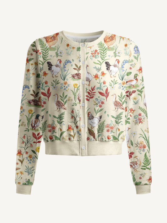 Lightweight Crew Neck Long‑Sleeve Cropped Countryside Garden Critter Print Fine‑Knit Cardigan