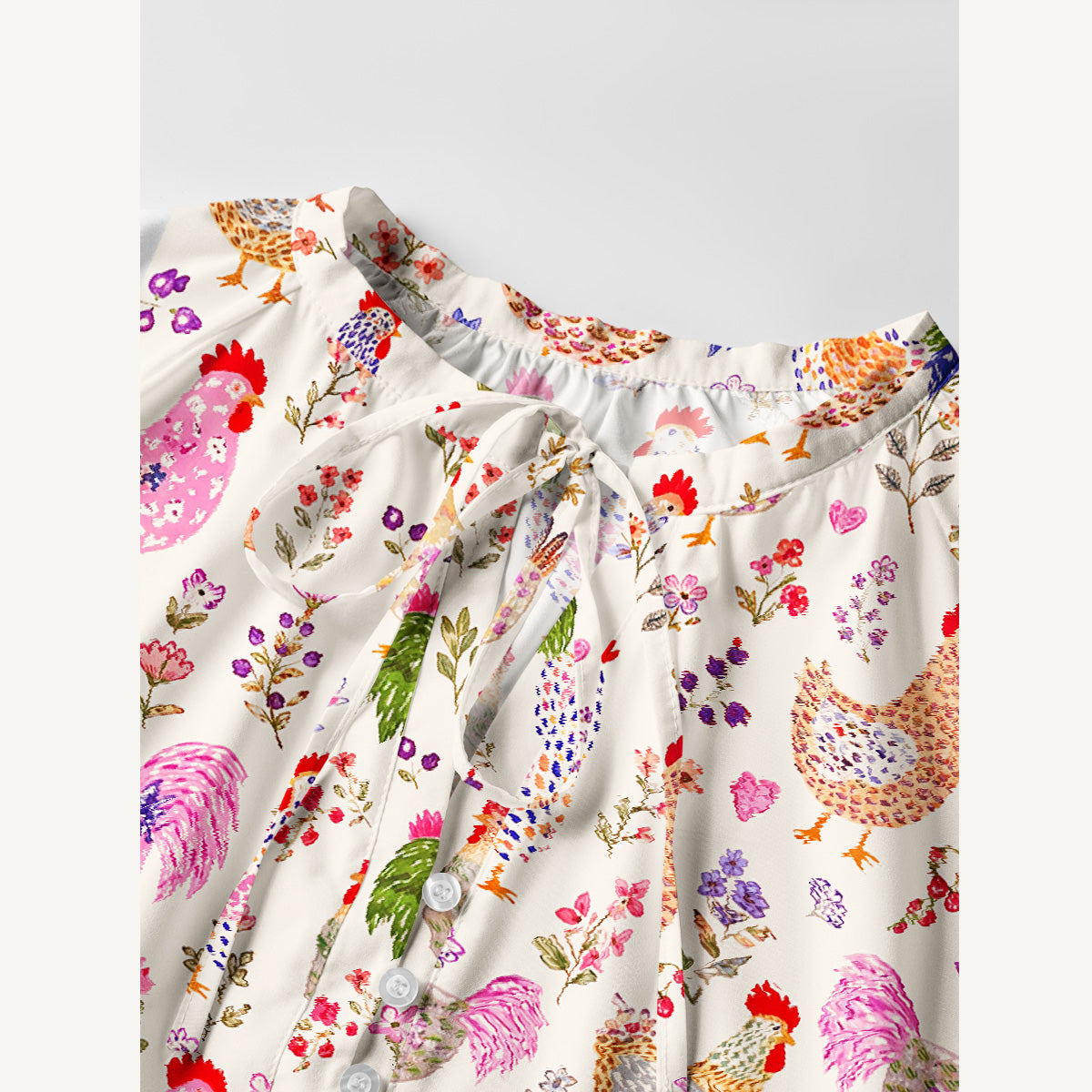 Colorful Farm Chickens Print Boho Tie‑Neck Smock Mini Dress