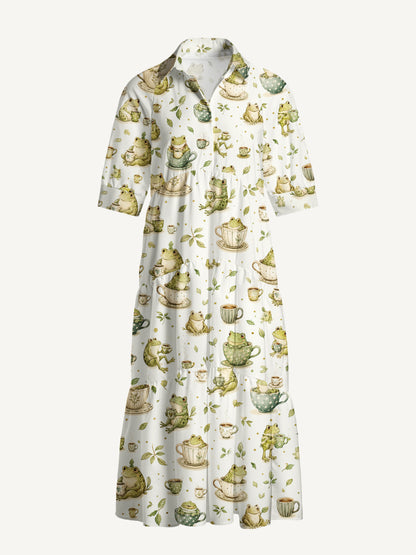 V Neck Collared Whimsical Frogs and Teacups Print Casual Midi Dress With Pockets