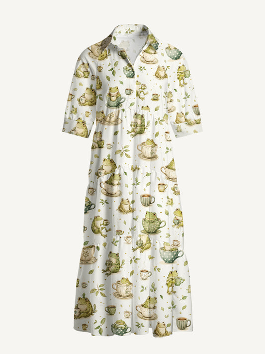 V Neck Collared Whimsical Frogs and Teacups Print Casual Midi Dress With Pockets