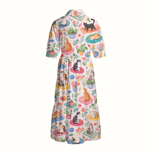 Cozy Garden Cats on Colorful Rugs Print Casual Midi Dress With Pockets