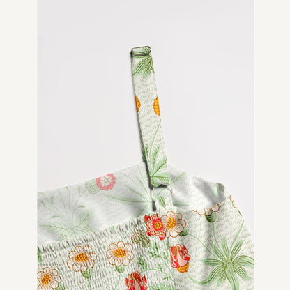 Delicate Retro Florals Mint Green Leaves Print Wide Straps Maxi Dress With Pockets