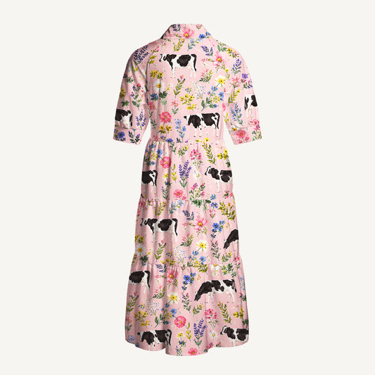 Holstein Cattle Cow Farm Animal Floral Pink Print Casual Midi Dress With Pockets
