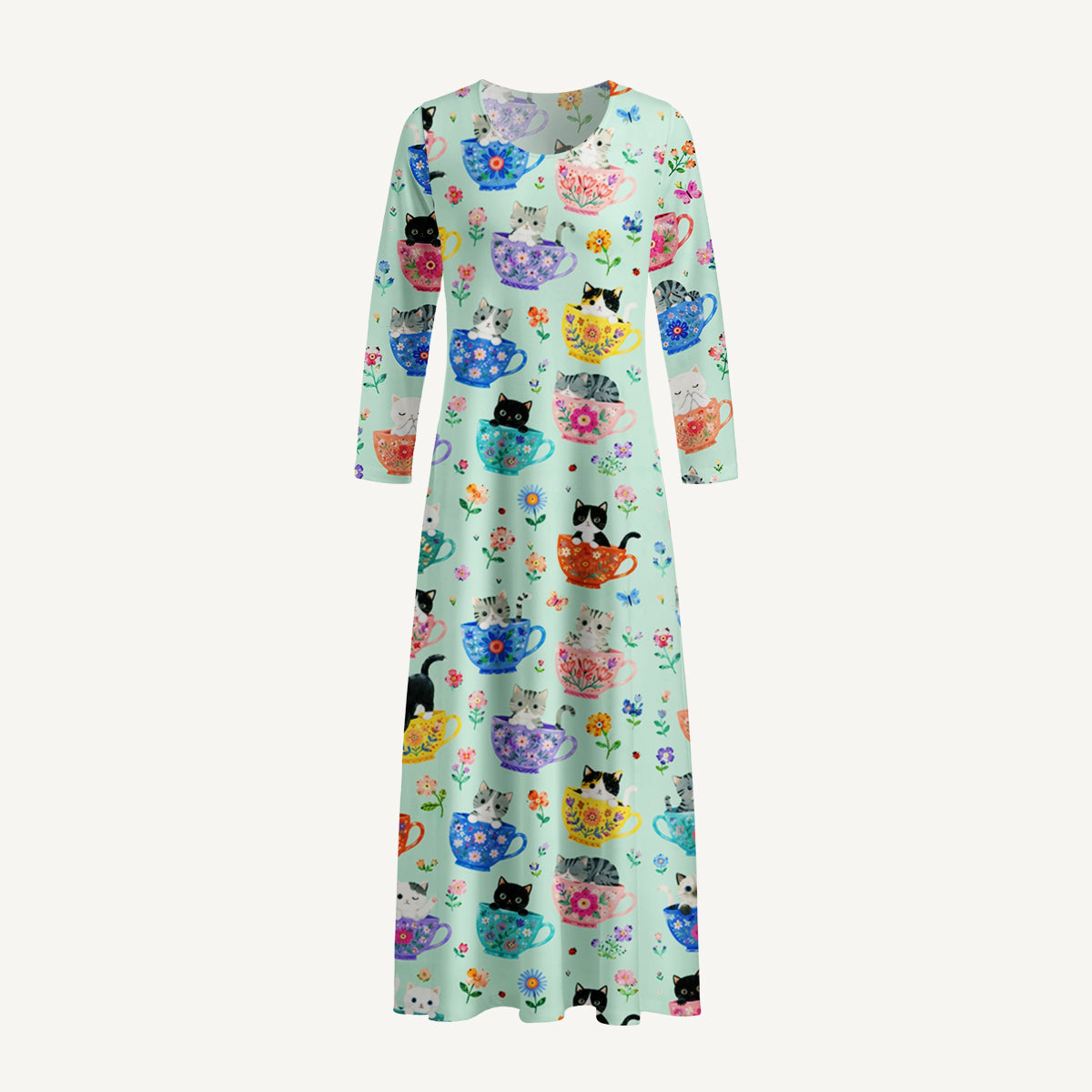Cute Teacup Kitten Print Soft-Touch Stretch Knit Long Sleeve Maxi Dress with Pockets