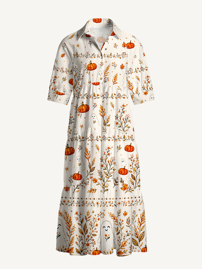 V Neck Collared Pumpkin Ghost Cottage Print Casual Midi Dress With Pockets