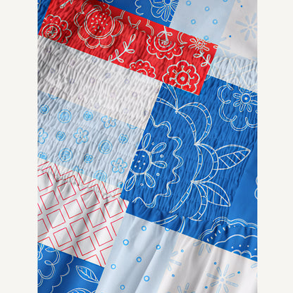 Patriotic Patchwork Print Cotton Wide Straps Maxi Dress With Pockets