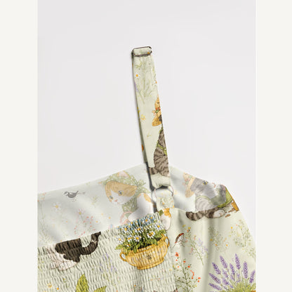 Whimsical Garden Cats Print Wide Straps Maxi Dress With Pockets
