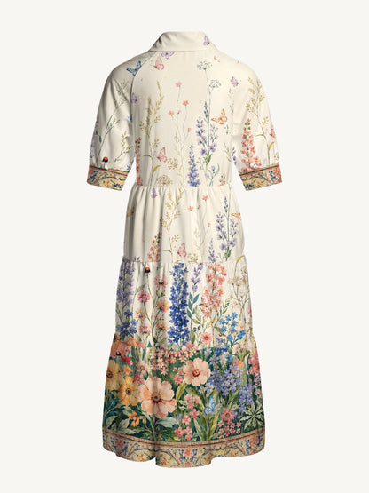 V Neck Collared Morning Wildflower Path Print Casual Midi Dress With Pockets