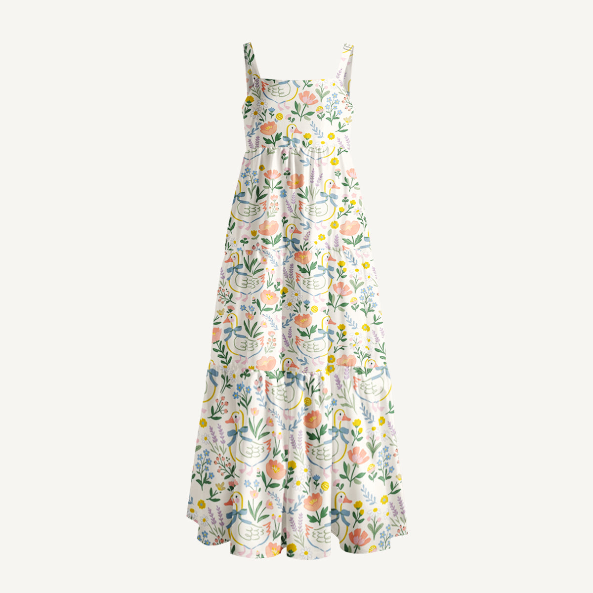 Sweet Floral Duck Wide Straps Maxi Dress With Pockets