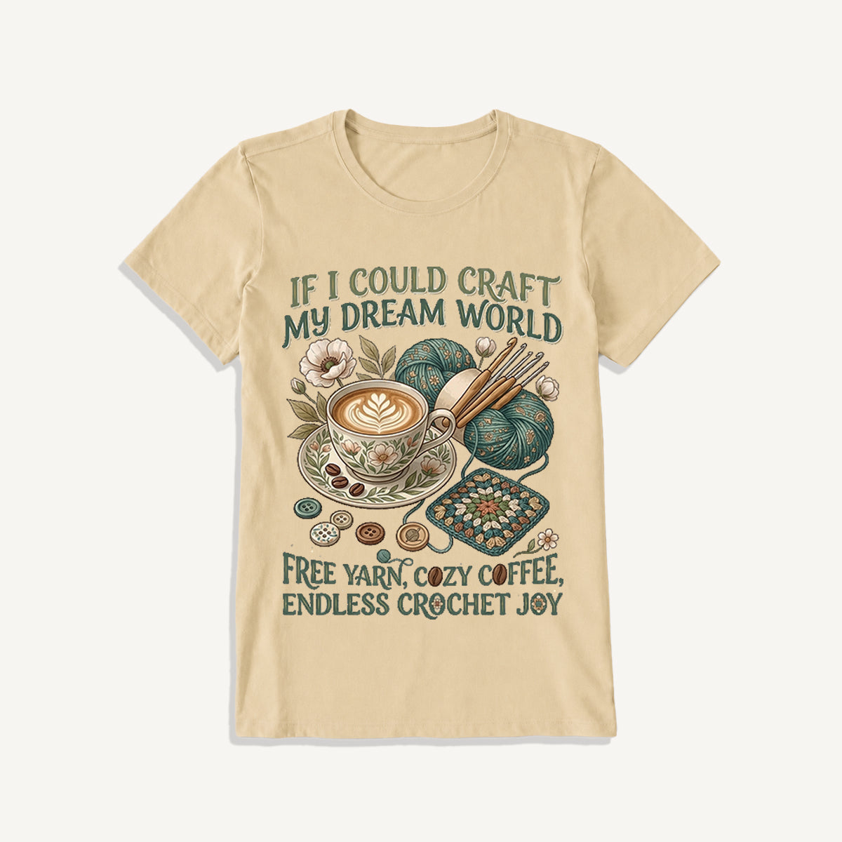 Cozy Coffee Crochet Dream Print Crew Neck Cotton Tee