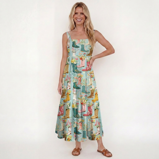 Boots Flower Print Wide Straps Maxi Dress With Pockets