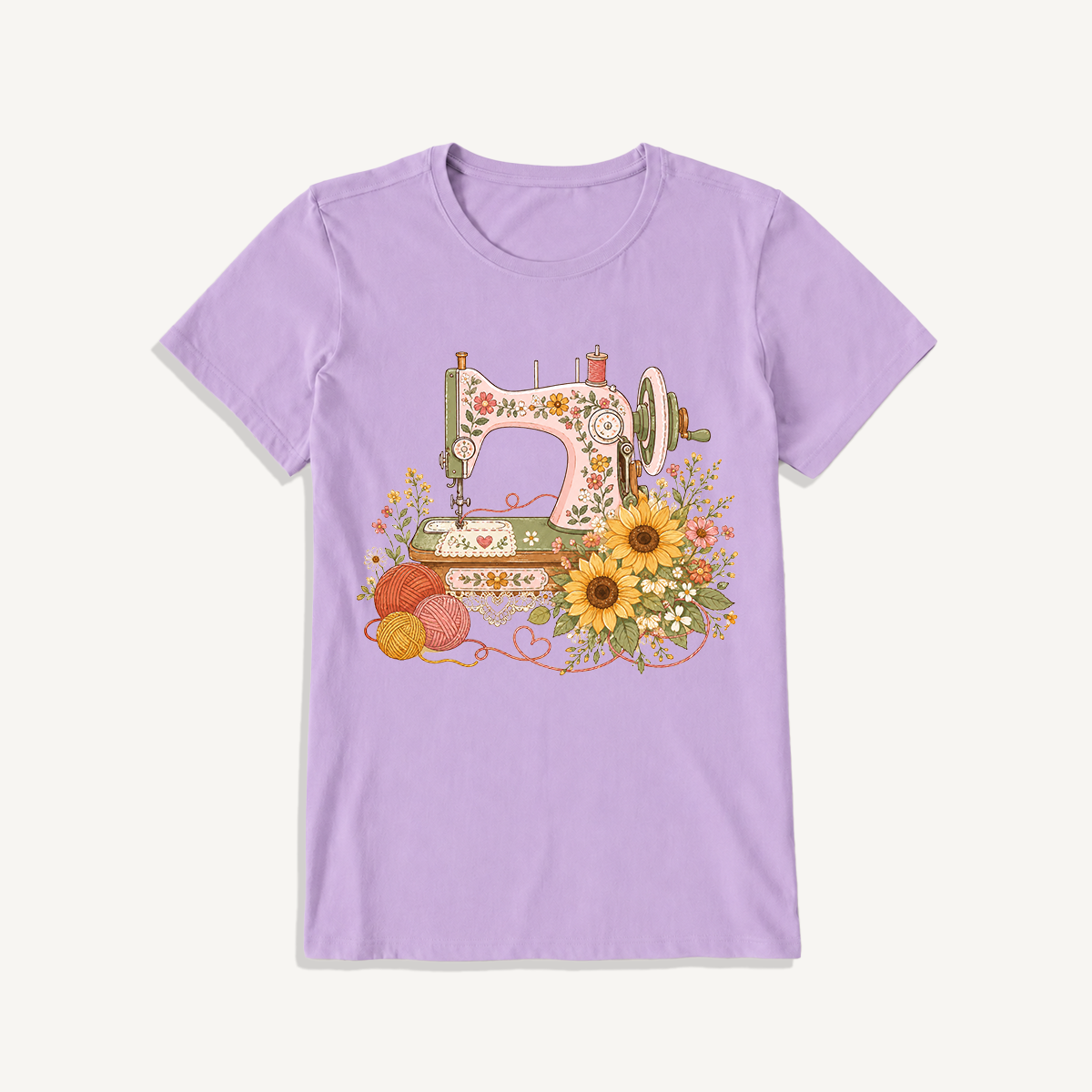 Vintage Floral Sewing Nook Print Crew Neck Cotton Tee