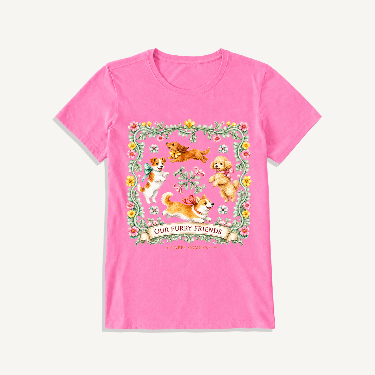 Playful Furry Friends Print Crew Neck Cotton Tee
