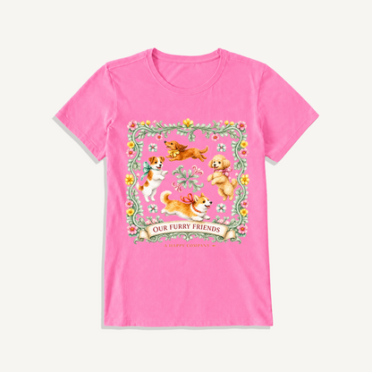 Playful Furry Friends Print Crew Neck Cotton Tee