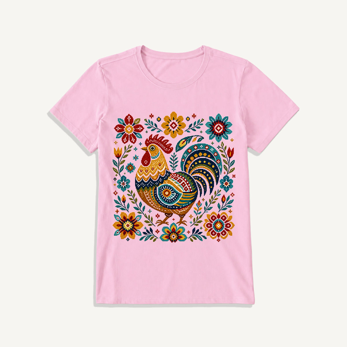 Folk Art Rooster Embroidery Print Crew Neck Cotton Tee