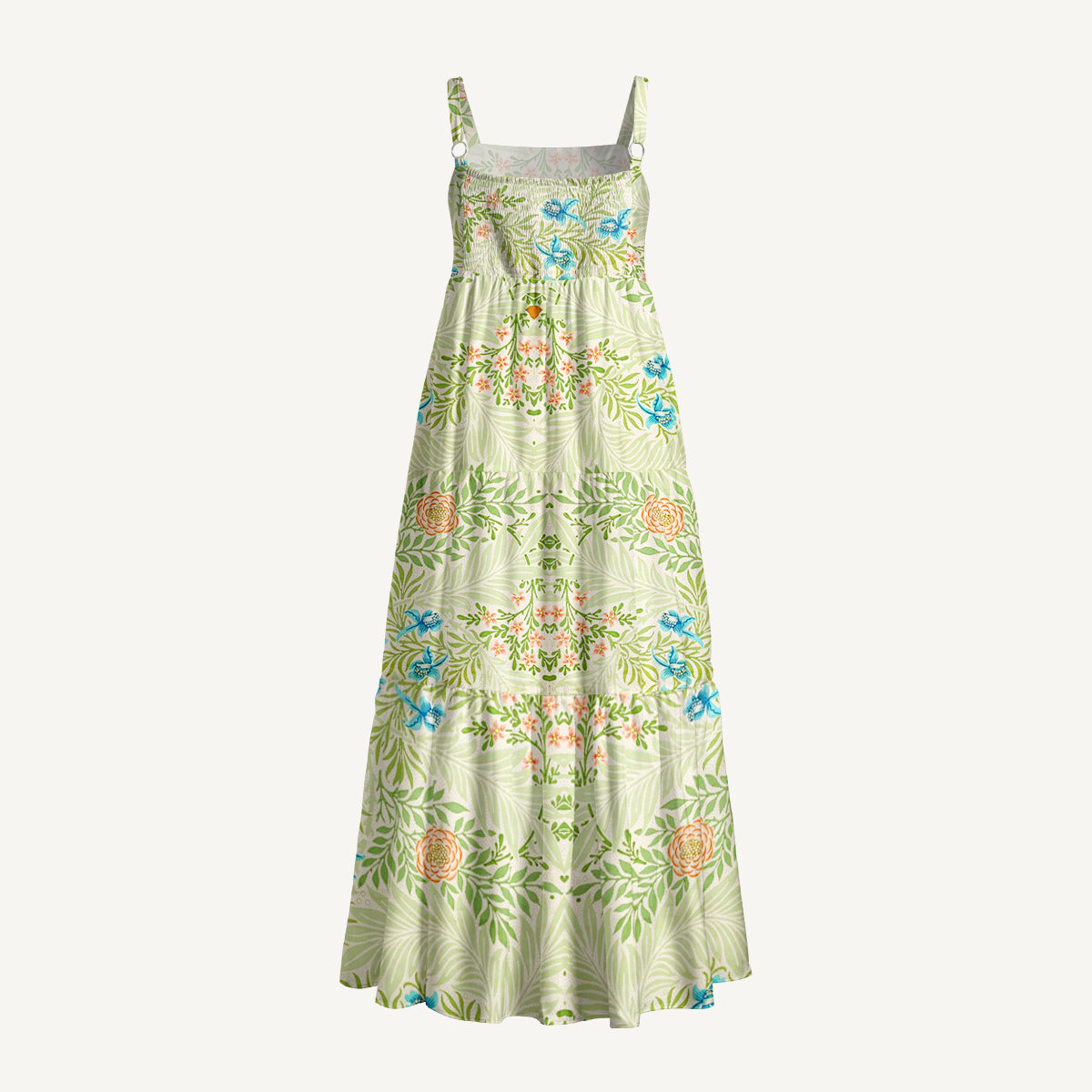 Green Foliage with Bluebirds & Peony Blossoms Print Wide Straps Maxi Dress With Pockets