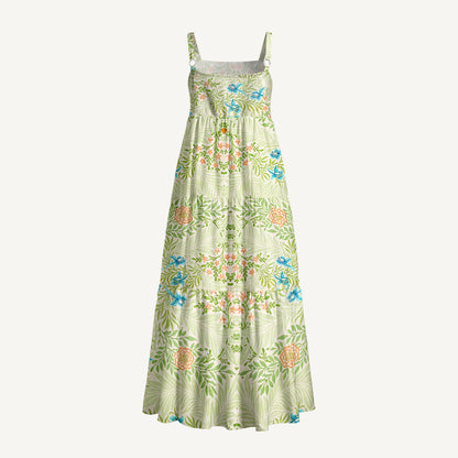 Green Foliage with Bluebirds & Peony Blossoms Print Wide Straps Maxi Dress With Pockets