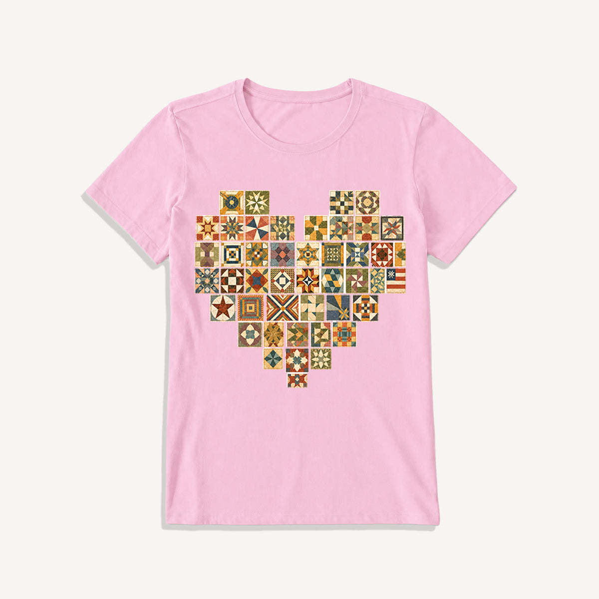 Vintage Quilt Block Heart Print Crew Neck Cotton Tee