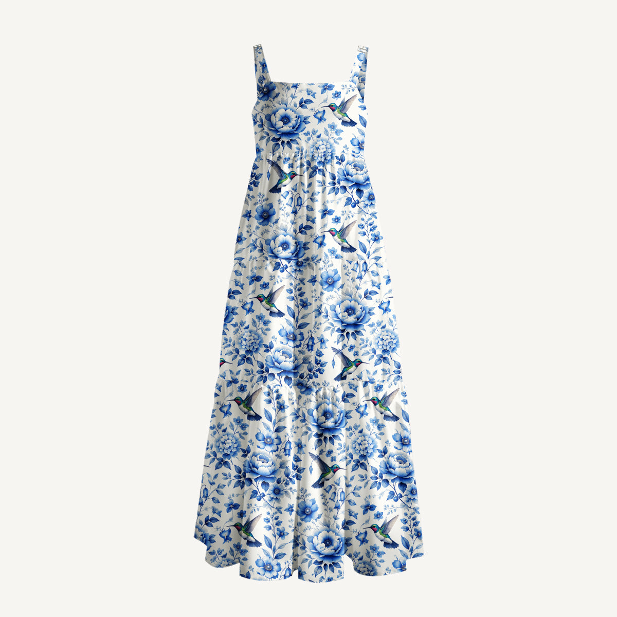 Delft Blue Hummingbird and Floral Pattern Print Wide Straps Maxi Dress With Pockets