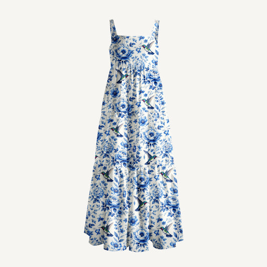 Delft Blue Hummingbird and Floral Pattern Print Wide Straps Maxi Dress With Pockets