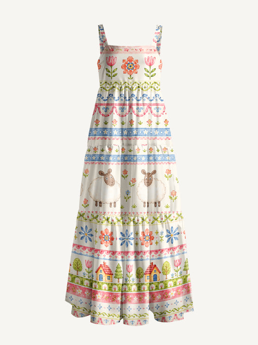 Pastoral Sheep Bands Print Wide Straps Maxi Dress With Pockets