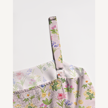 Square Neck Delicate Blossom Print Wide Straps Maxi Dress With Pockets
