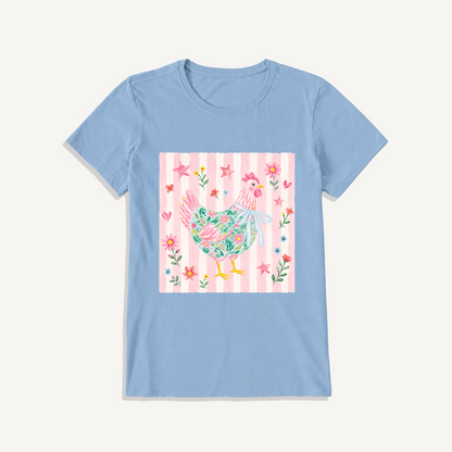 Cozy Floral Hen Nook Print Crew Neck Cotton Tee