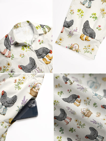 V Neck Collared Booted Chickens Print Casual Midi Dress With Pockets