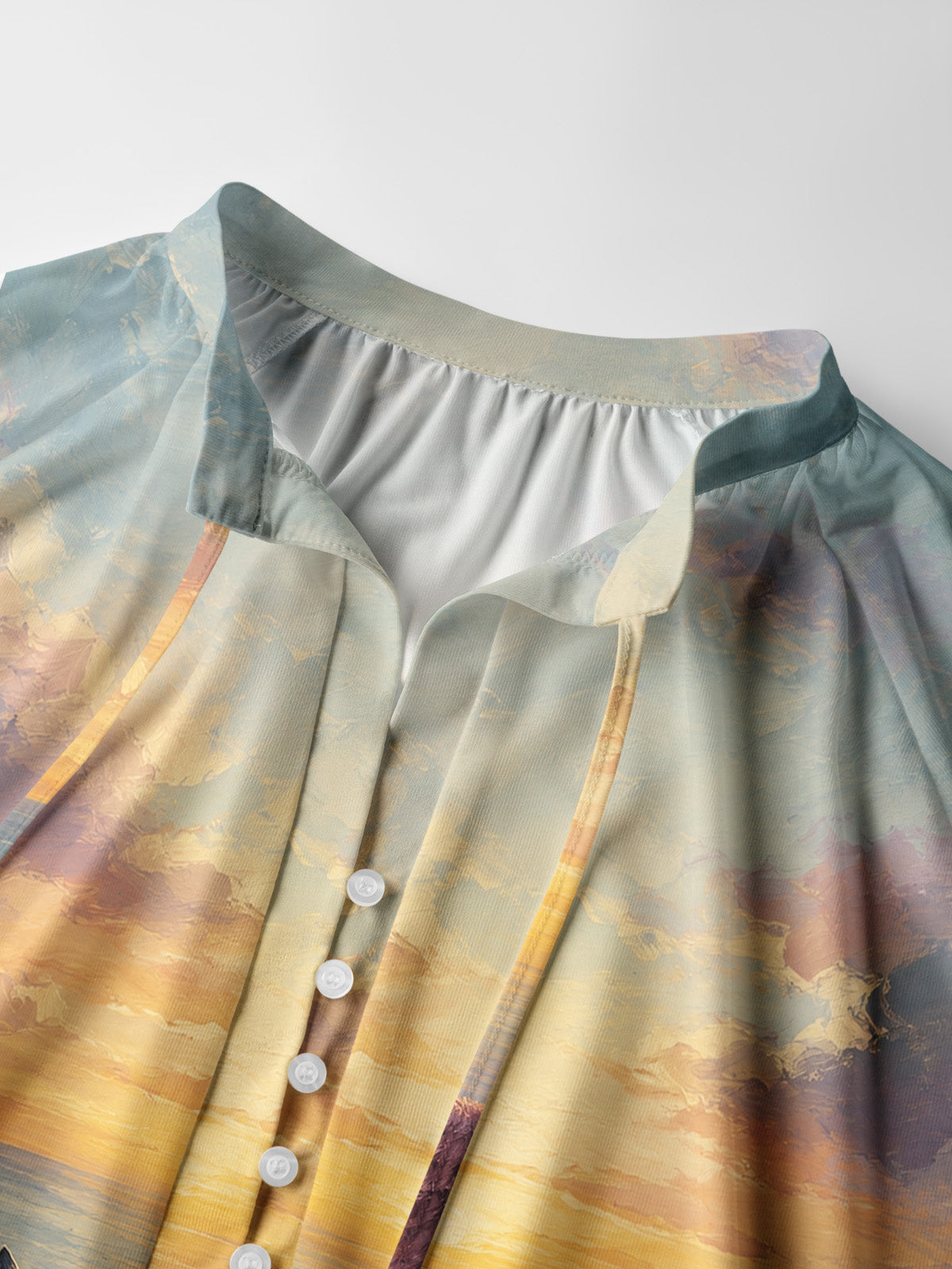 Sunset Cat Garden Art  Print Boho Long Sleeve Tie‑Neck Blouse