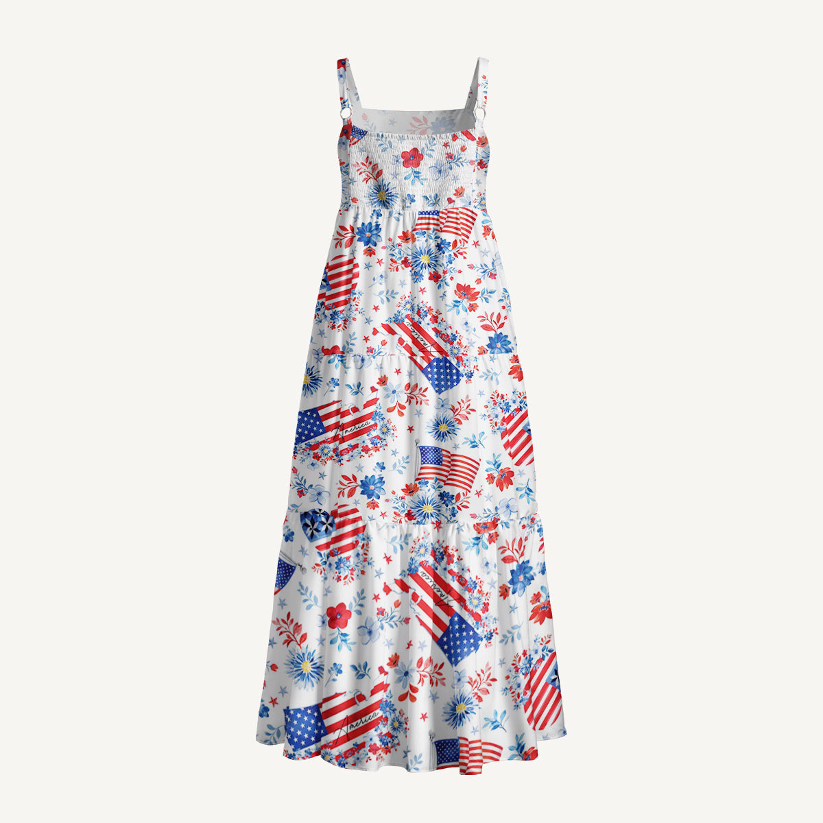 Americana Flower Hearts  Print Wide Straps Maxi Dress With Pockets