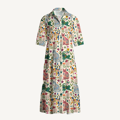 Cute Flower Cat Print Midi Dress For Women With Pockets