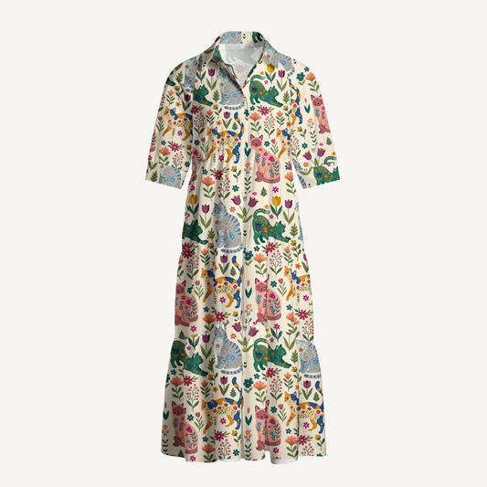 Cute Flower Cat Print Midi Dress For Women With Pockets