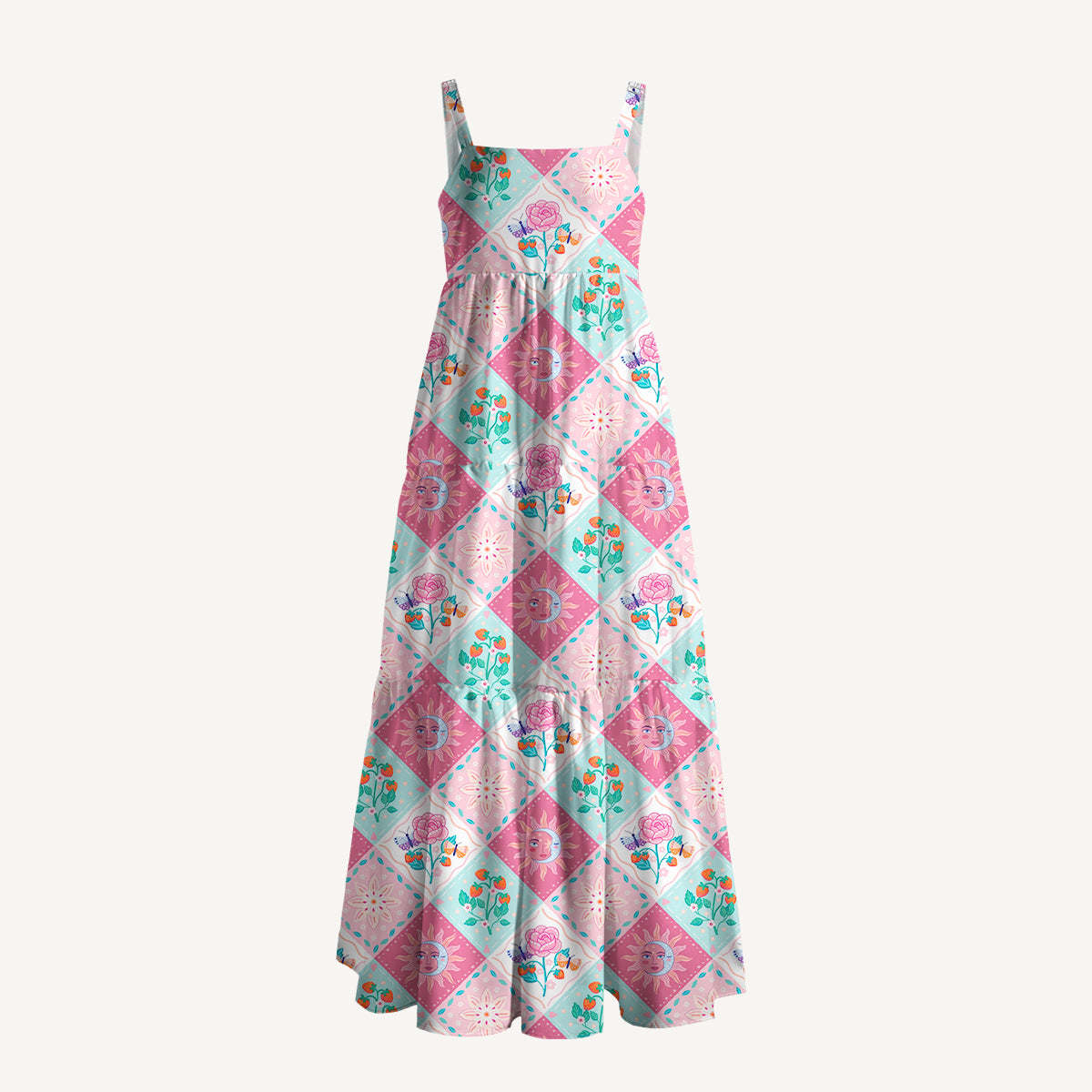 Vibrant Garden Patchwork Wide Straps Maxi Dress With Pockets