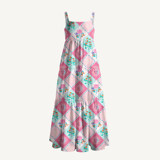 Vibrant Garden Patchwork Wide Straps Maxi Dress With Pockets