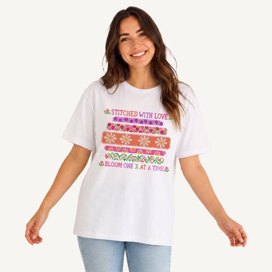 Floral Cross-Stitch Sampler Print Crew Neck Cotton Tee