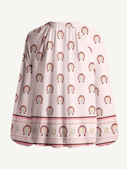Blush Lucky Horseshoe Print Boho Long Sleeve Tie‑Neck Blouse