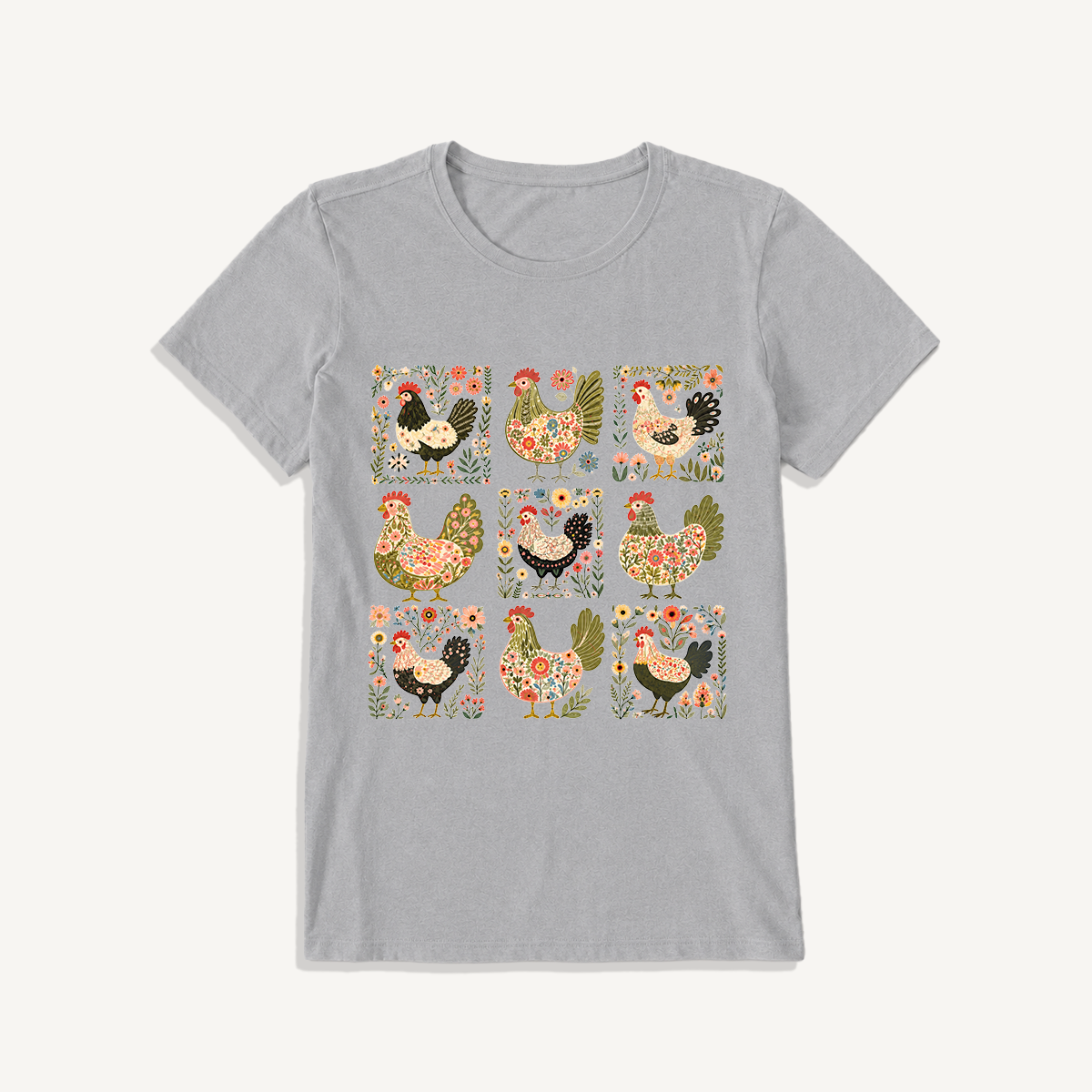Folk Hen Grid Print Crew Neck Cotton Tee