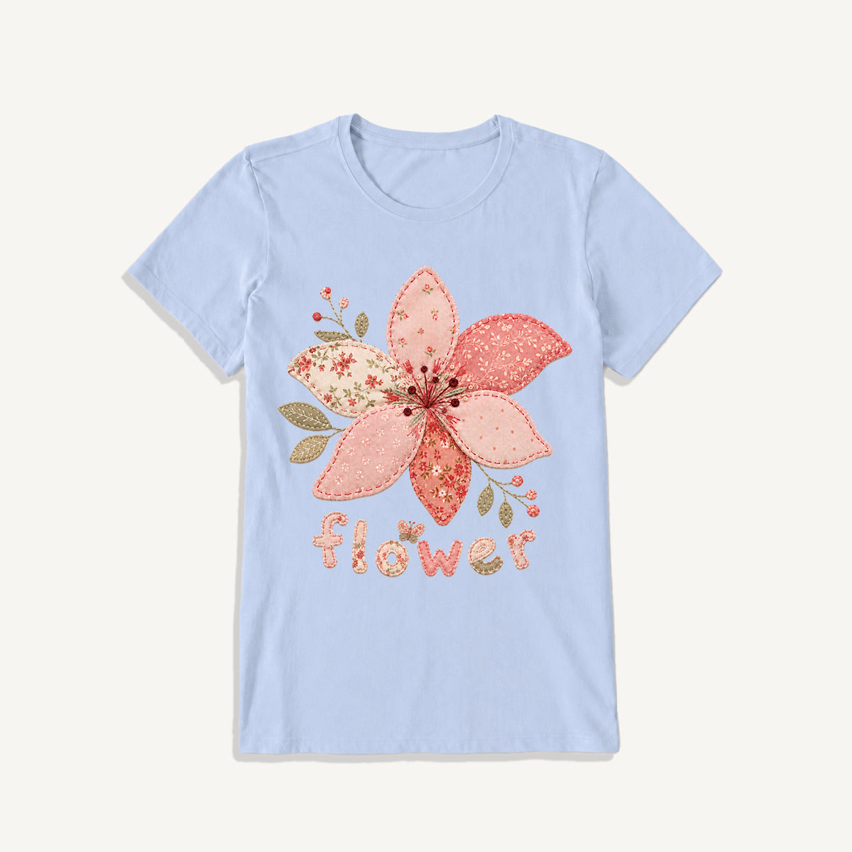 Blush Patchwork Flower Print Crew Neck Cotton Tee