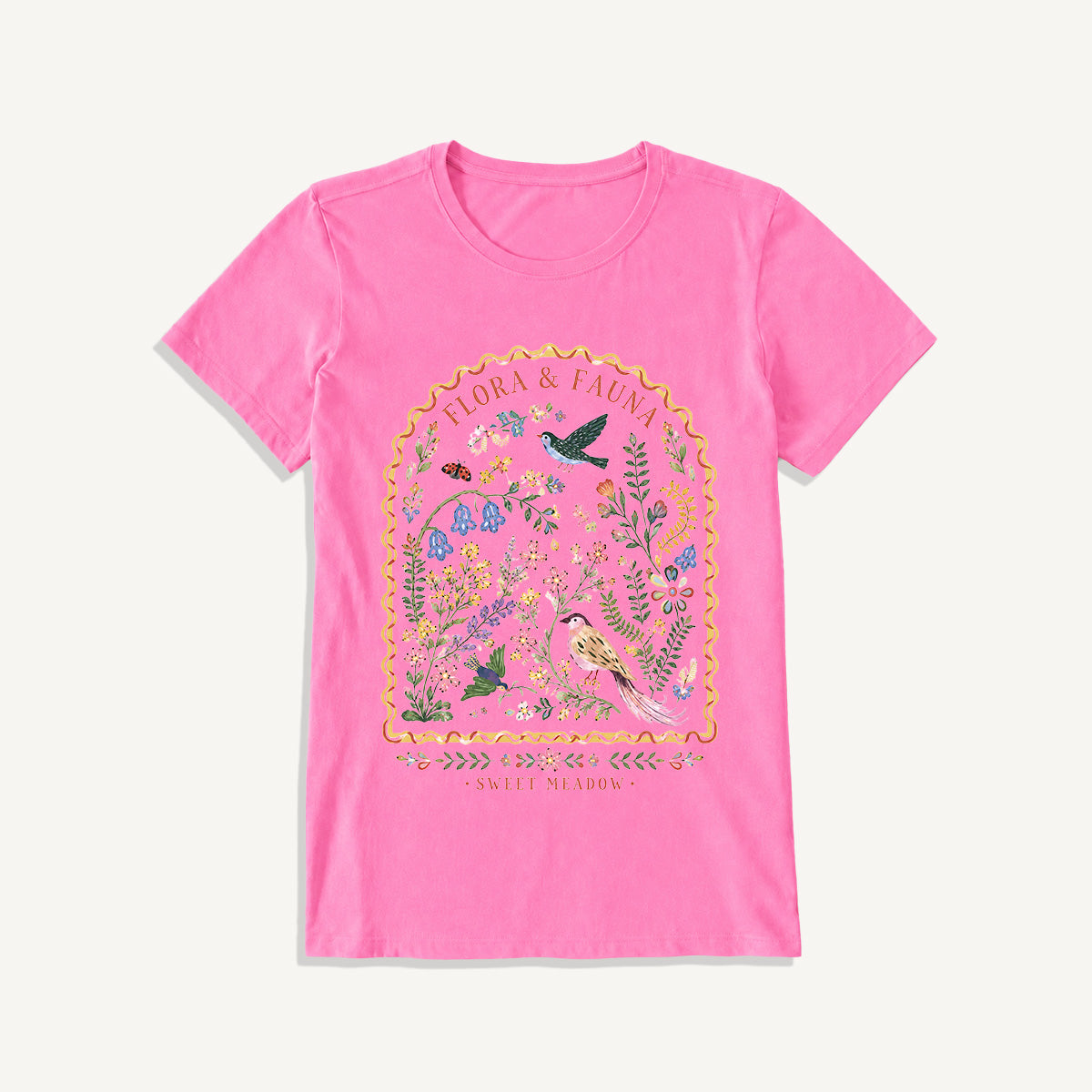 Folk Birds Sweet Meadow Print Crew Neck Cotton Tee