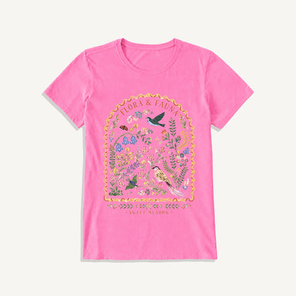 Folk Birds Sweet Meadow Print Crew Neck Cotton Tee
