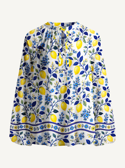 Blue Lemon Floral Print Boho Long Sleeve Tie‑Neck Blouse