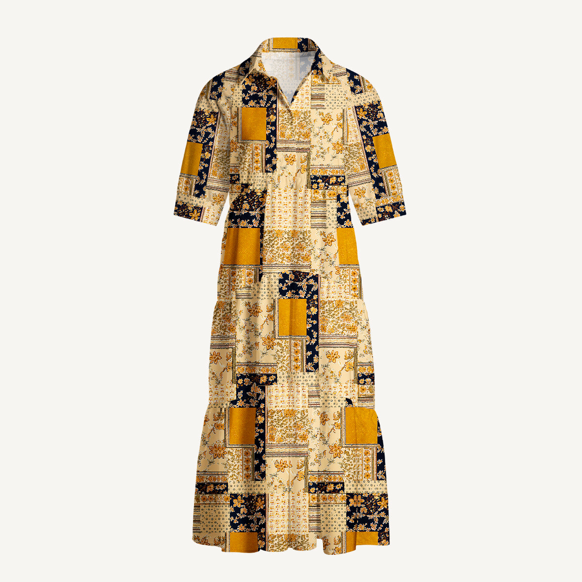 Vintage Mustard and Navy Floral Patchwork  Print Casual Midi Dress With Pockets