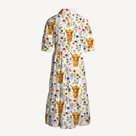 Farm Animal Boho Highland Cow Print Casual Midi Dress With Pockets