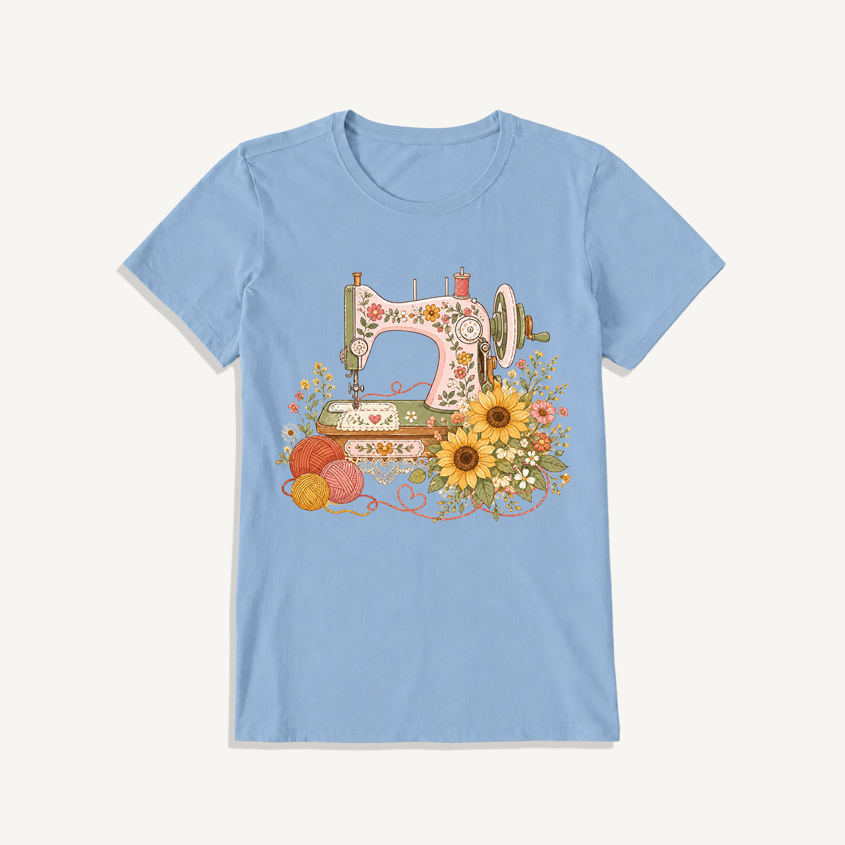 Vintage Floral Sewing Nook Print Crew Neck Cotton Tee